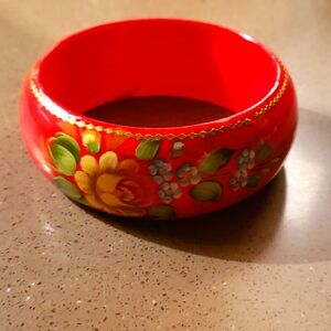 Red Zhostovo hand painted bangle bracelet